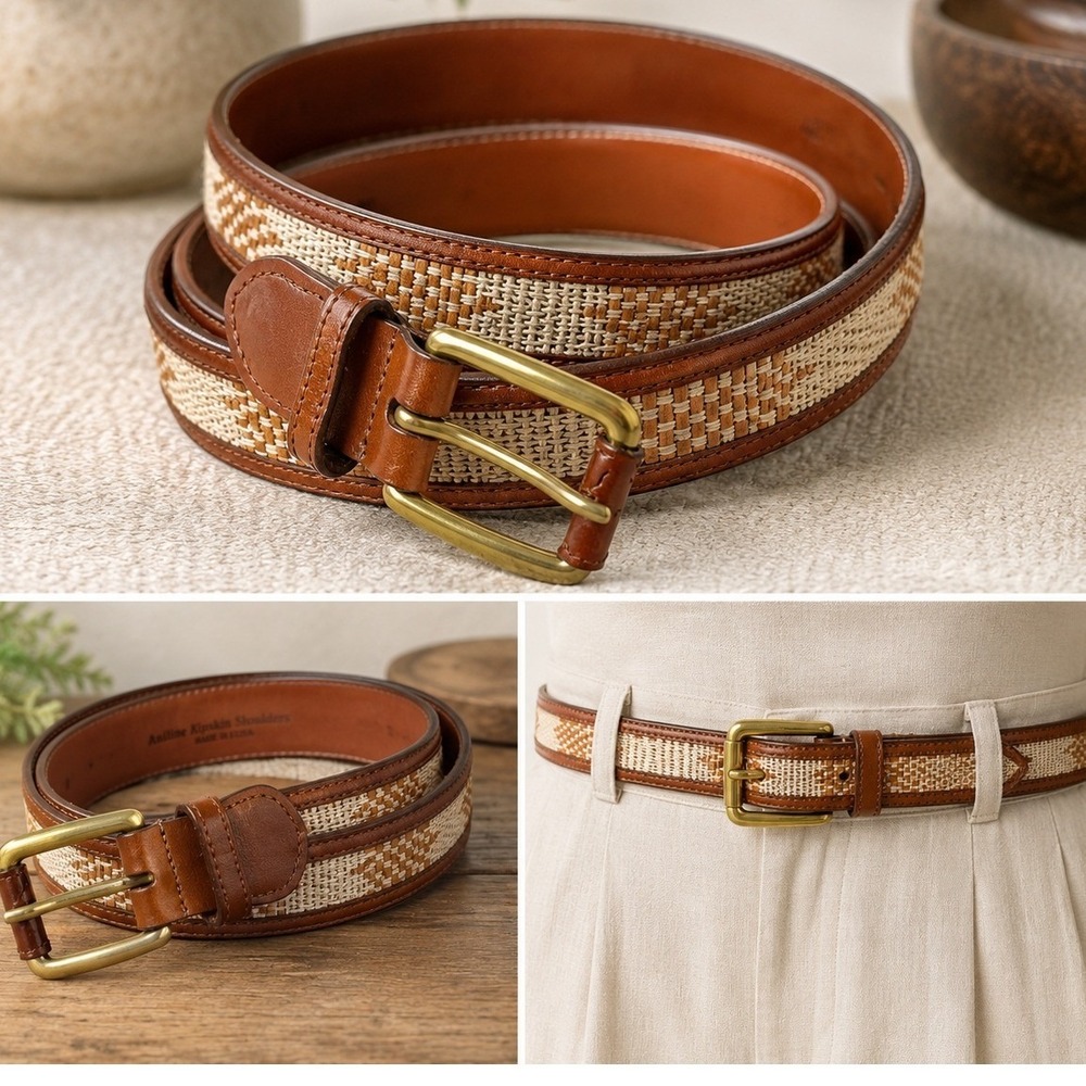 Vtg Aniline Kipskin Leather Woven Inlay Belt Solid Brass Buckle USA Mens 42